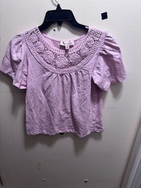 Philosophy Pastel Lilac Crochet Yoke Puff Sleeve Blouse